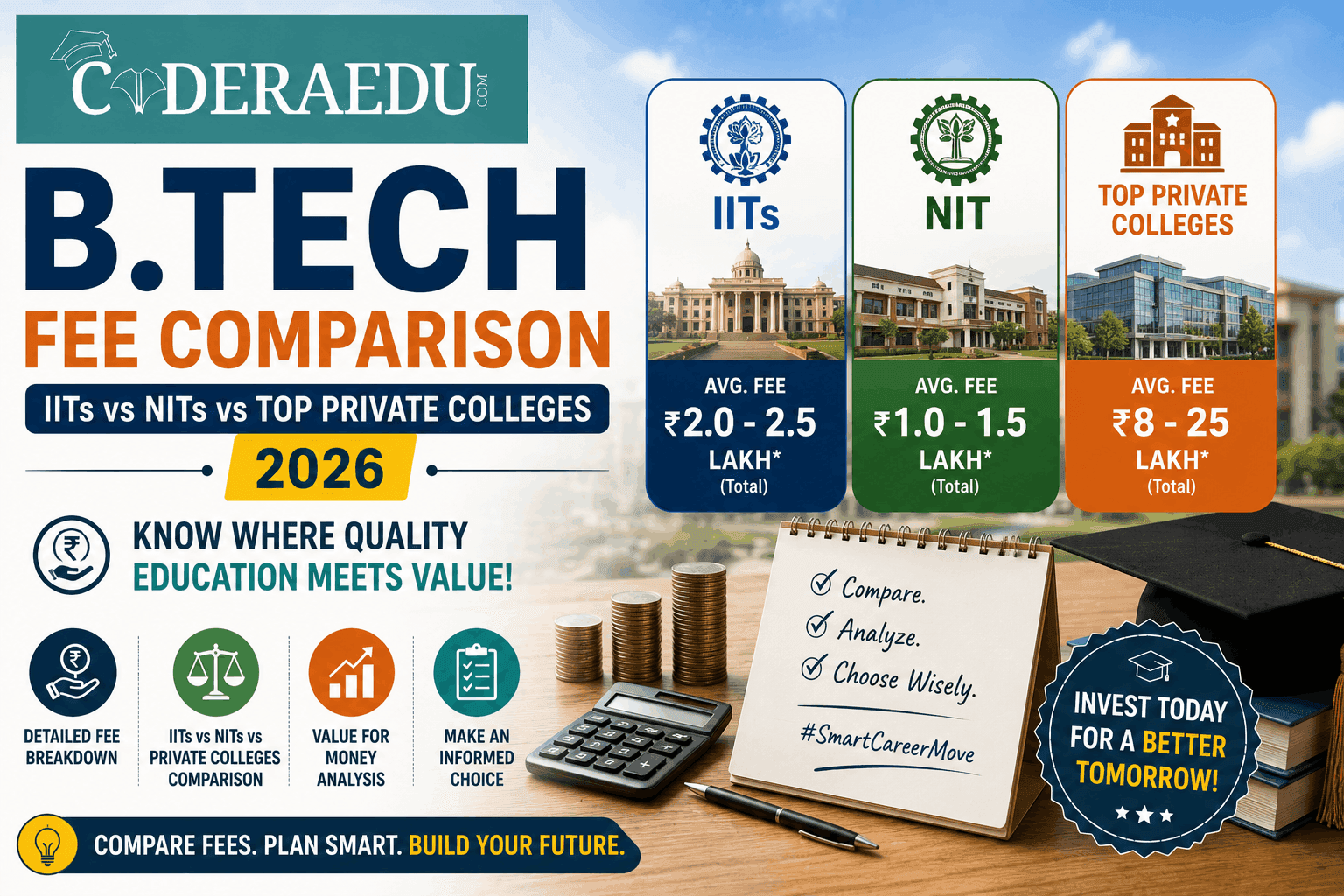 B.Tech fee comparison between IITs NITs and top private engineering colleges 2026
