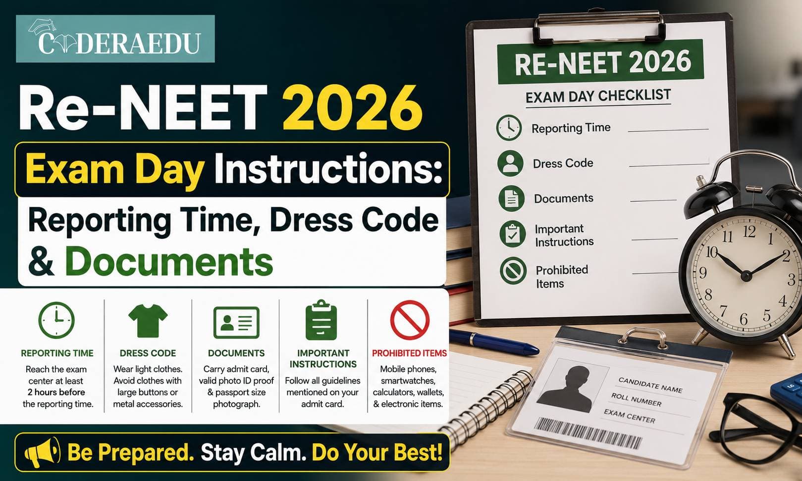Re-NEET 2026 Exam Day Instructions showing reporting time dress code and documents required for NEET candidates