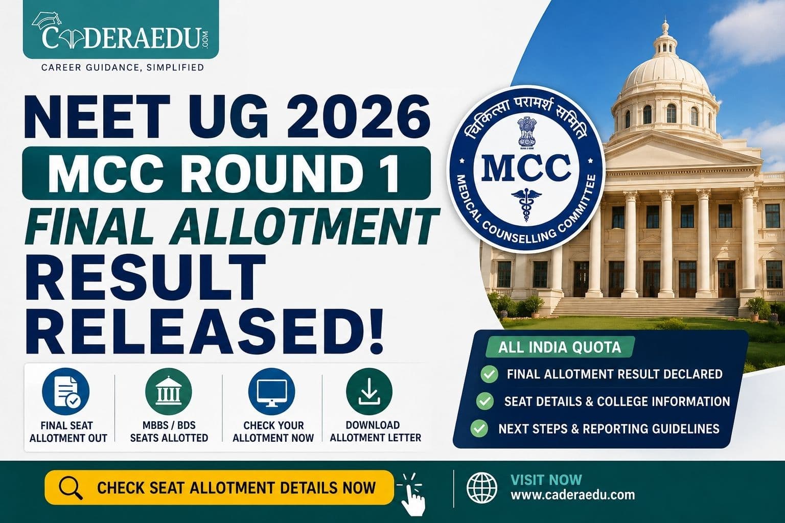 NEET UG Counselling 2026 Round 1 Result Out: MCC Releases Seat Allotment List, Download PDF