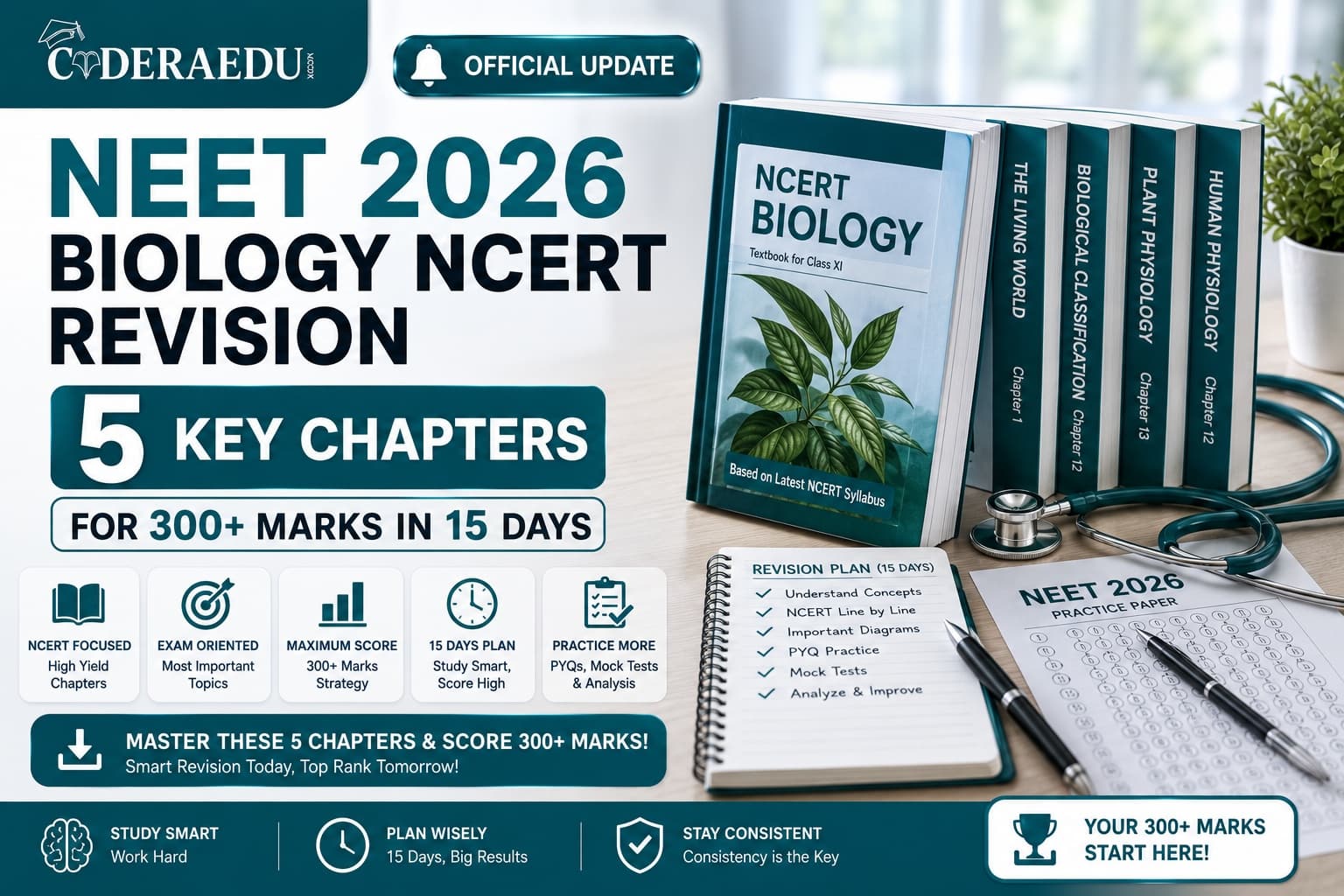 NEET 2026 Biology NCERT Revision Guide - 5 Key Chapters for 300+ Marks in 15 Days