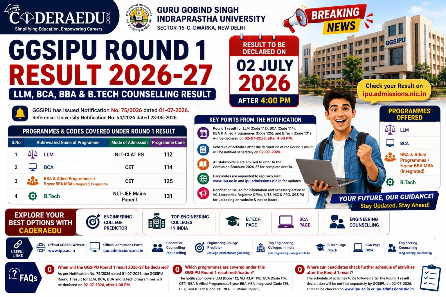 GGSIPU Round 1 Result 2026-27: LLM, BCA, BBA and B.Tech Counselling Result to be Declared on July 2