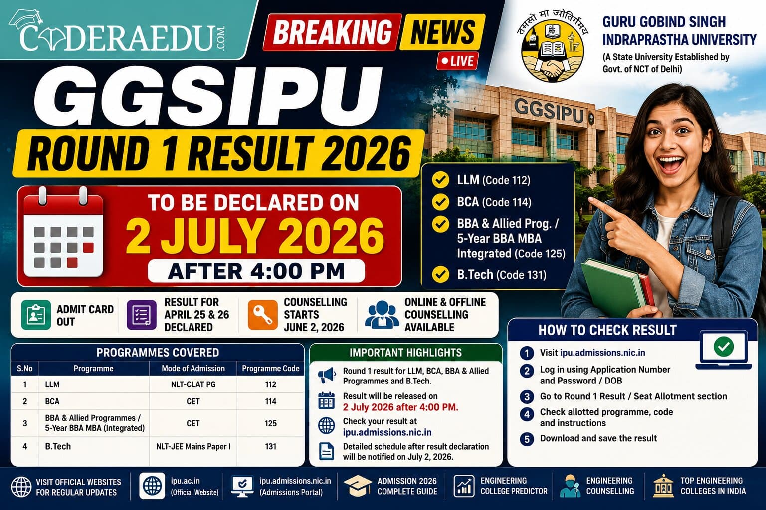 GGSIPU Round 1 Result 2026 for LLM, BCA, BBA and B.Tech to be Declared on July 2