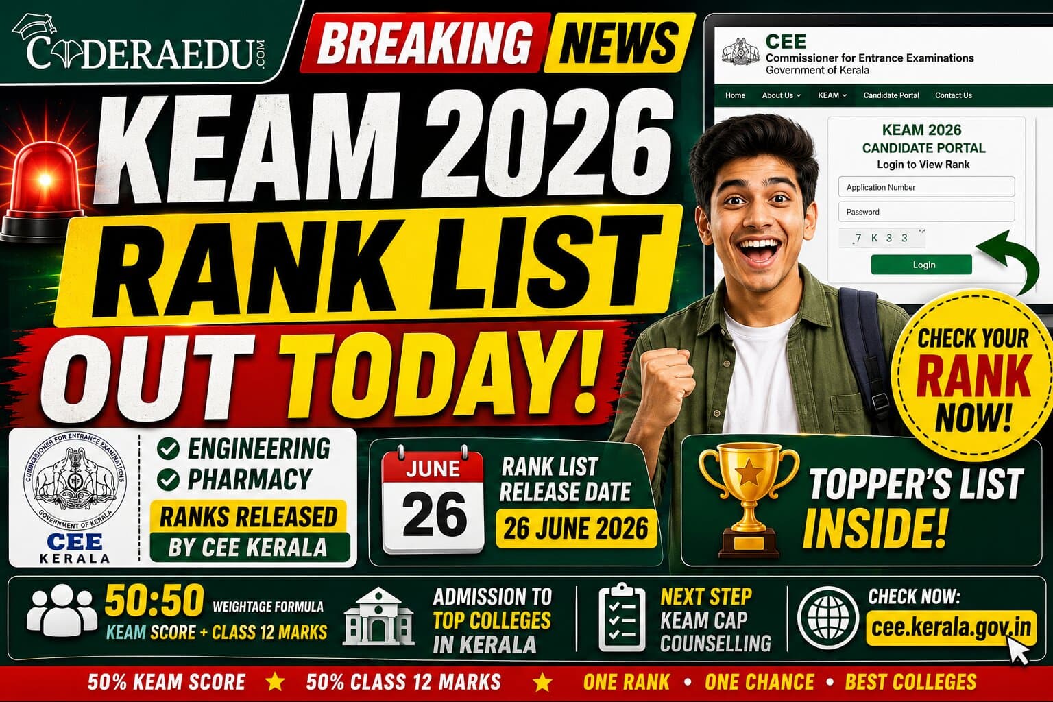 KEAM Rank List 2026 Out Today: CEE Kerala Releases Engineering and Pharmacy Ranks at cee.kerala.gov.in