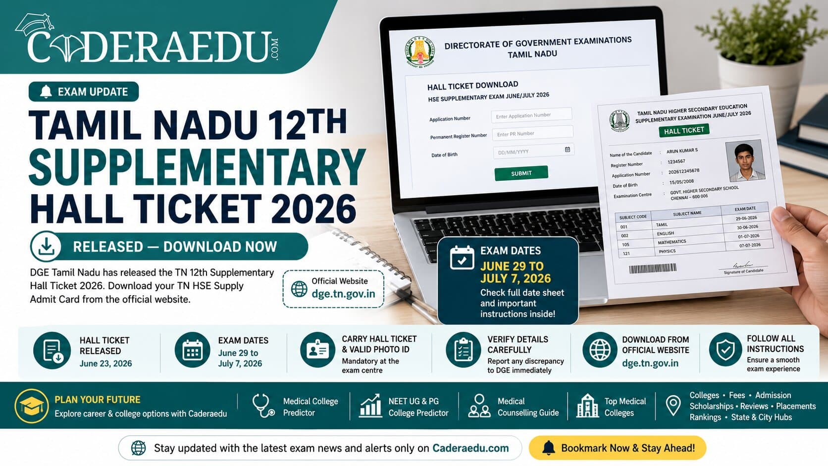 Tamil Nadu 12th Supplementary Hall Ticket 2026 Released — Download TN HSE Supply Admit Card at dge.tn.gov.in