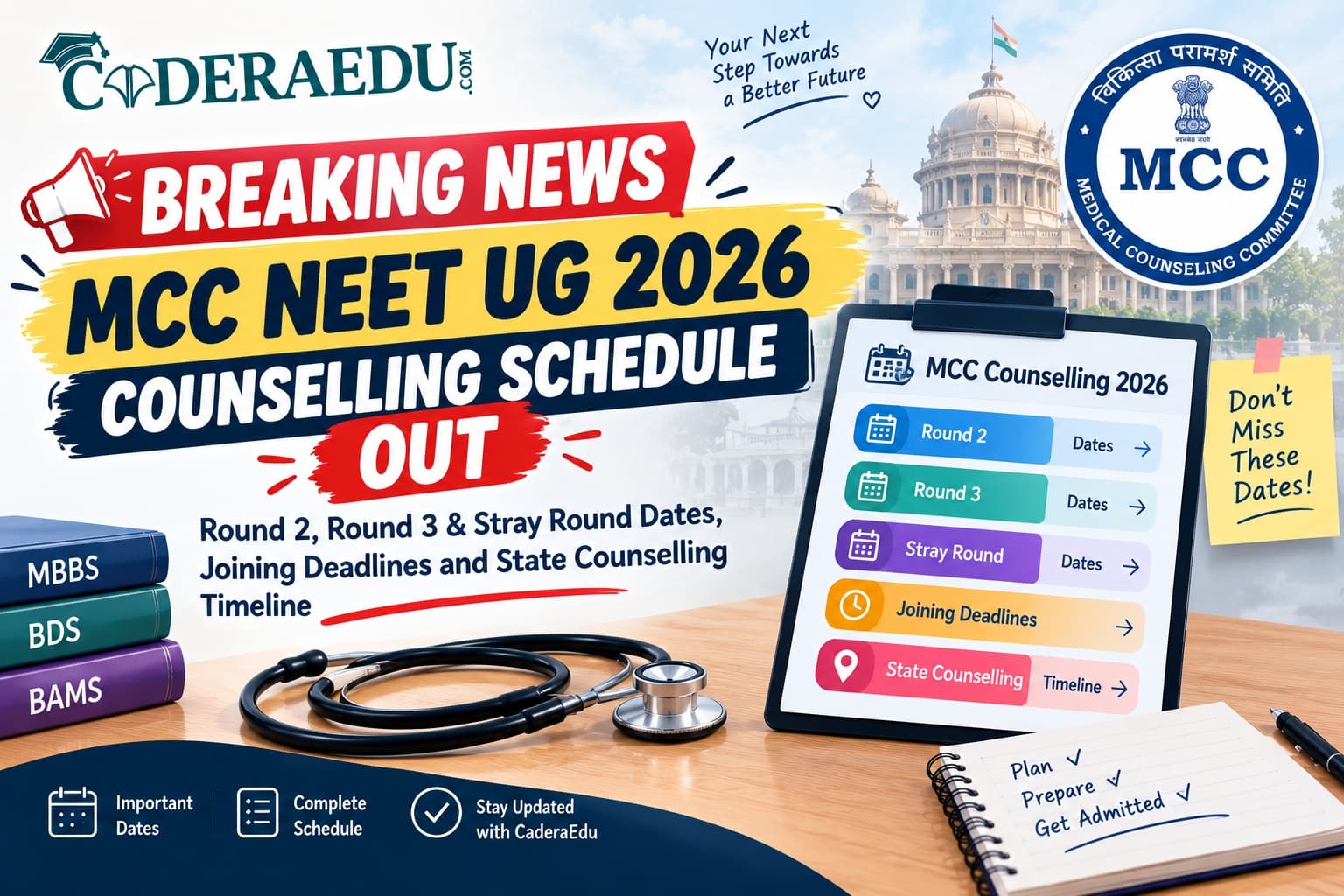 MCC NEET UG 2026 Counselling Schedule OUT: Round 2, Round 3 & Stray Round Dates, Joining Deadlines and State Counselling Timeline