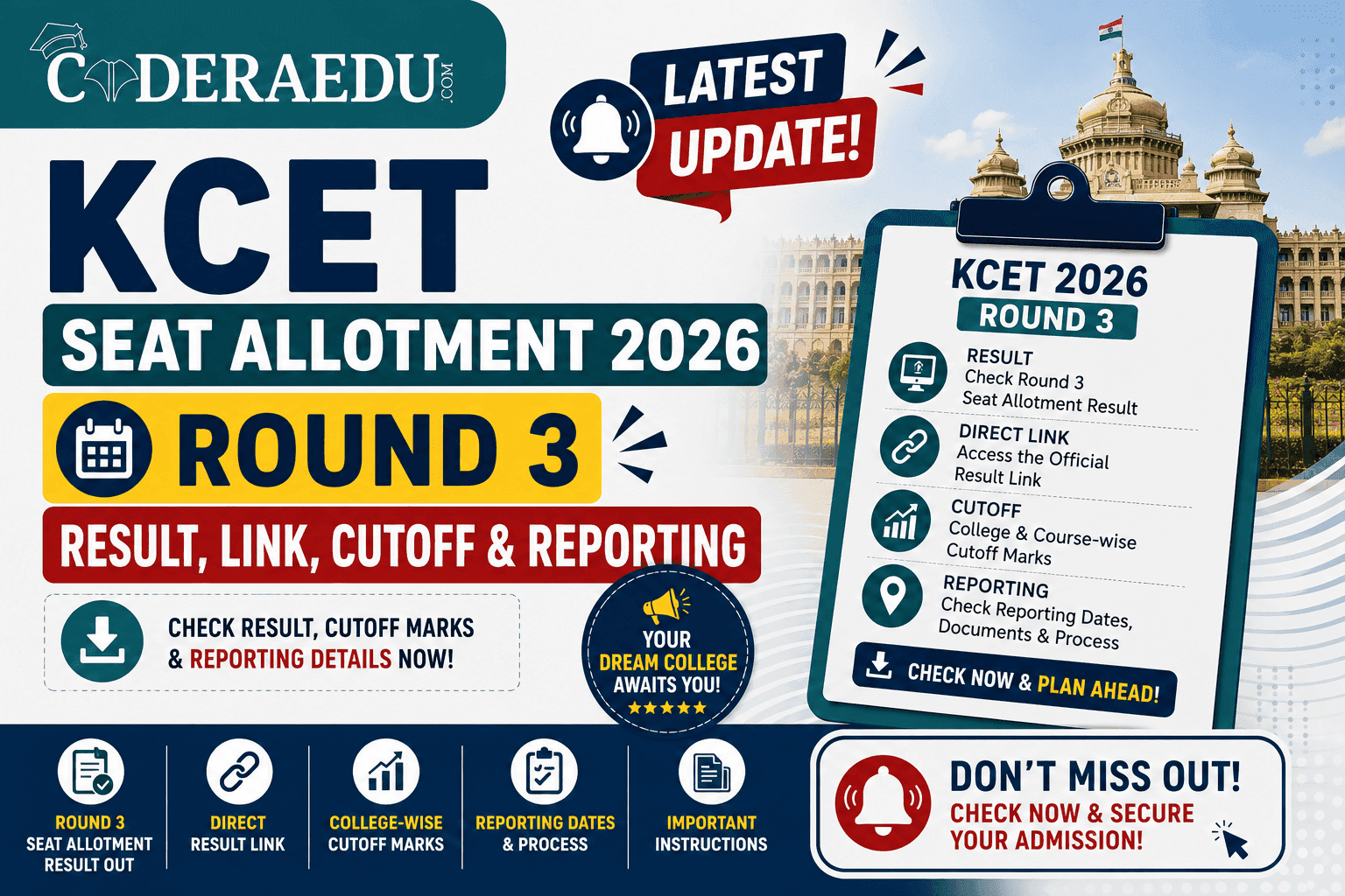 KCET Seat Allotment 2026 Round 3: Result, Link, Cutoff & Reporting