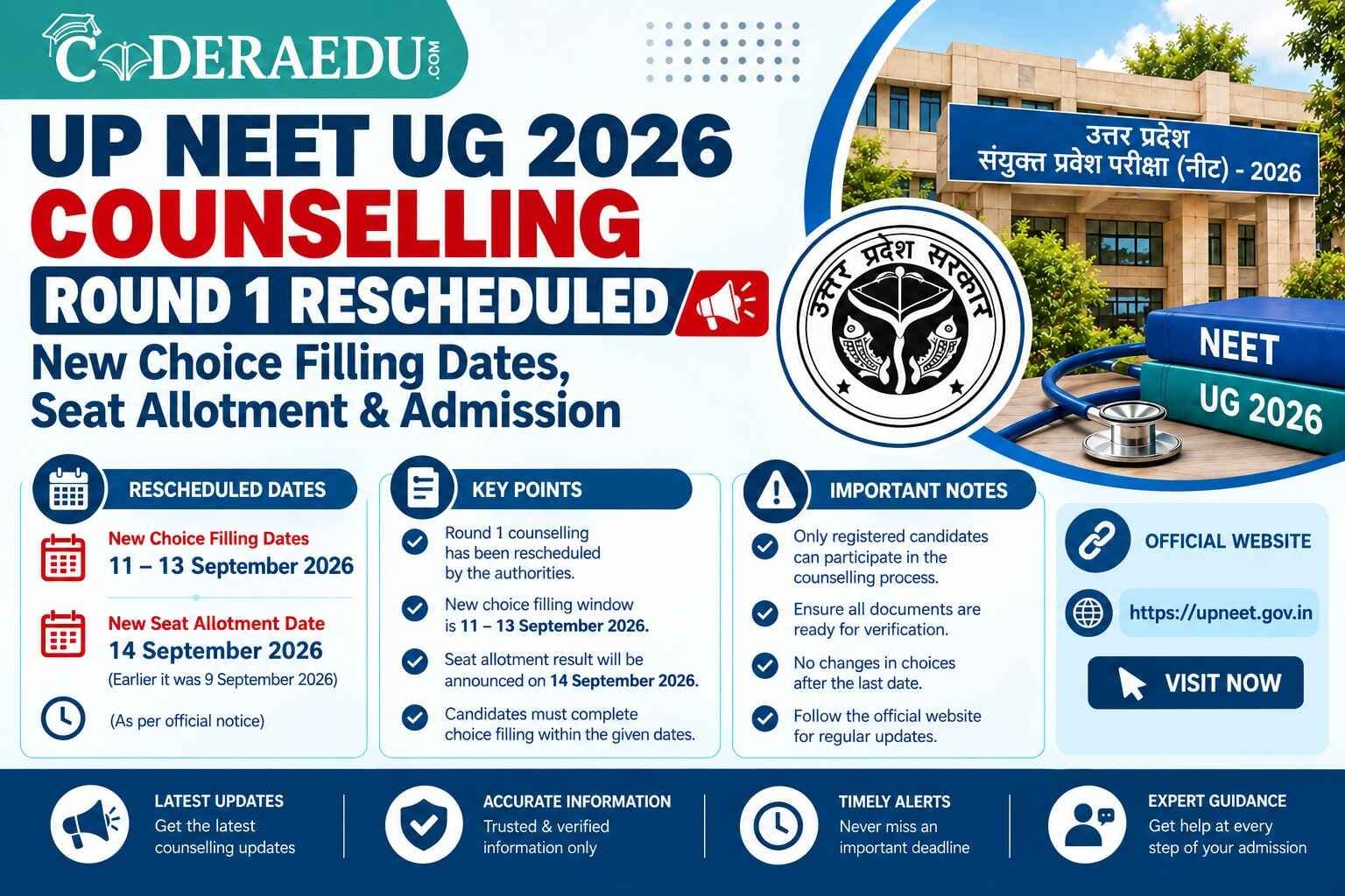 UP NEET UG Counselling 2026 Round 1 Rescheduled: New Choice Filling Dates, Seat Allotment & Admission