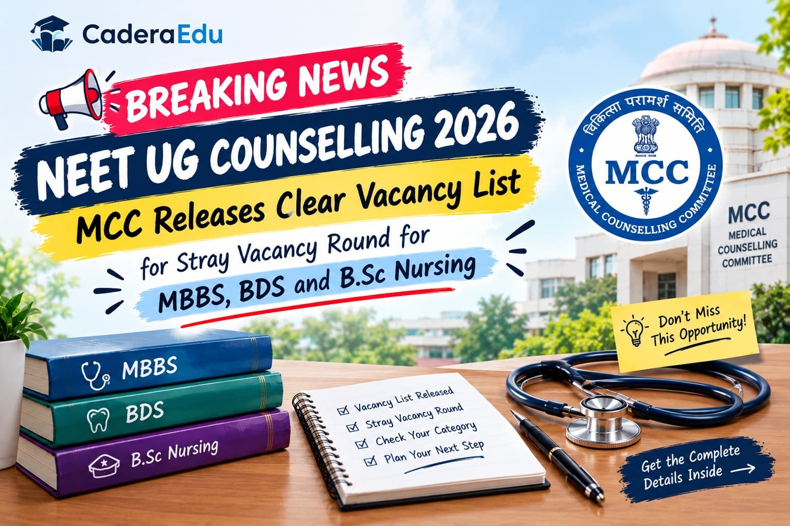 NEET UG Counselling 2026: MCC Releases Clear Vacancy List for Stray Vacancy Round for MBBS, BDS and B.Sc Nursing