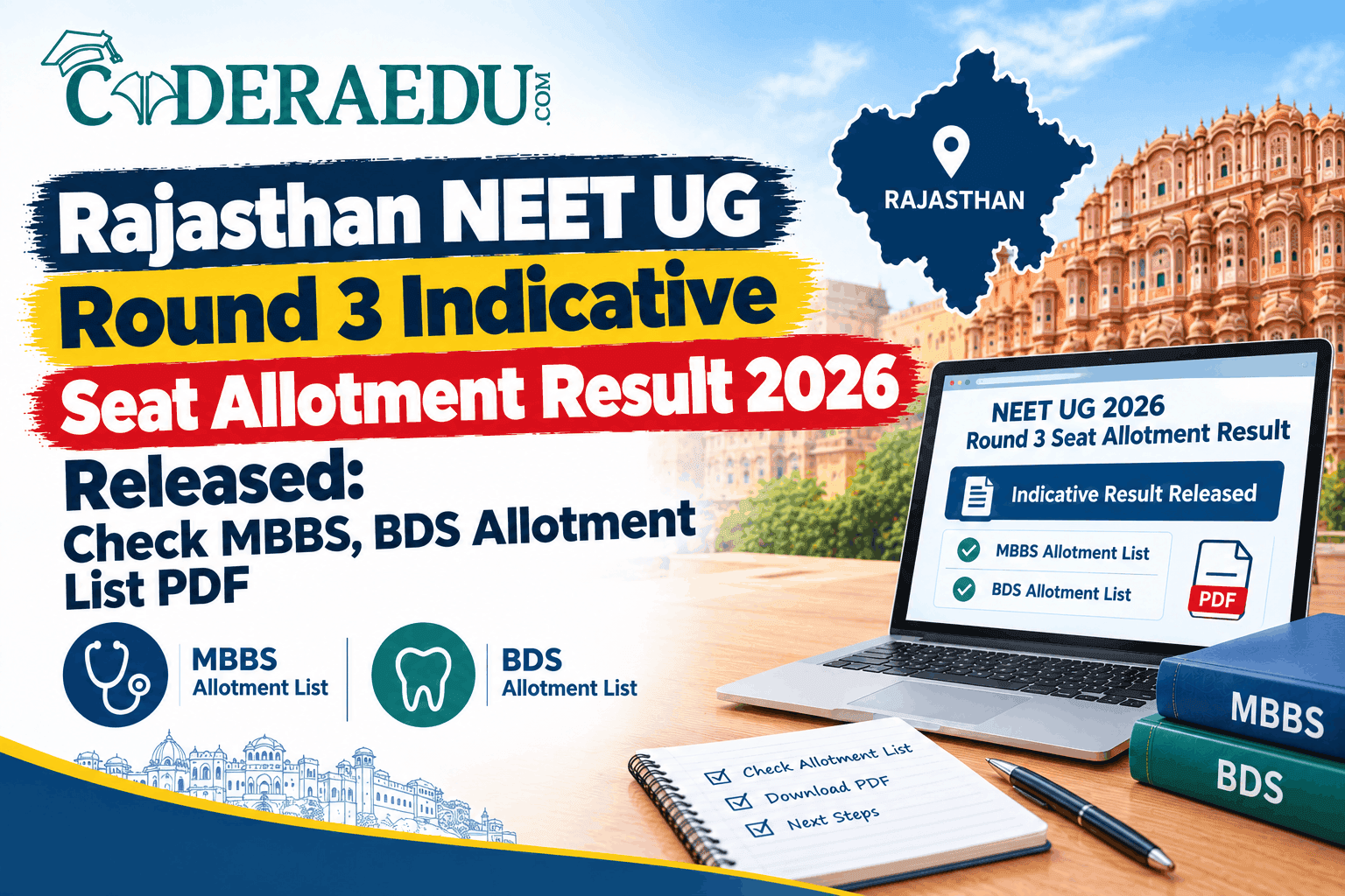 Rajasthan NEET UG Round 3 indicative seat allotment result 2026 for MBBS and BDS