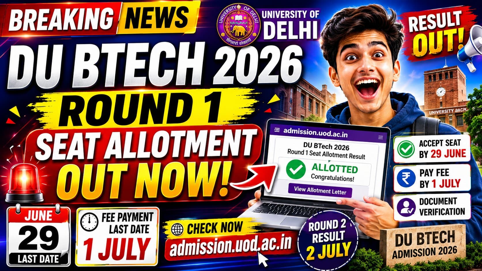 DU BTech Seat Allotment 2026 Round 1 Out: Check Result at admission.uod.ac.in
