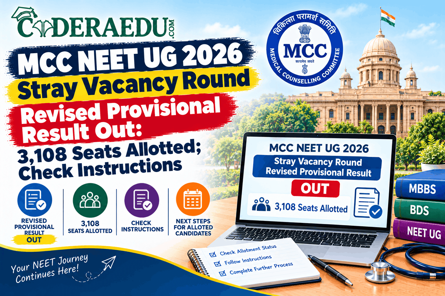 MCC NEET UG 2026 Stray Vacancy Round Revised Provisional Result Out: 3,108 Seats Allotted; Check Instructions