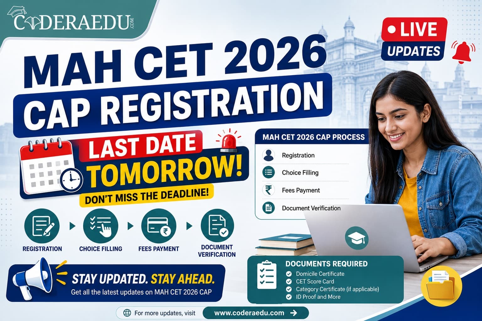 MAH CET 2026 CAP Registration LIVE Updates: Last Date Tomorrow; Check Choice Filling, Fees, Document Verification