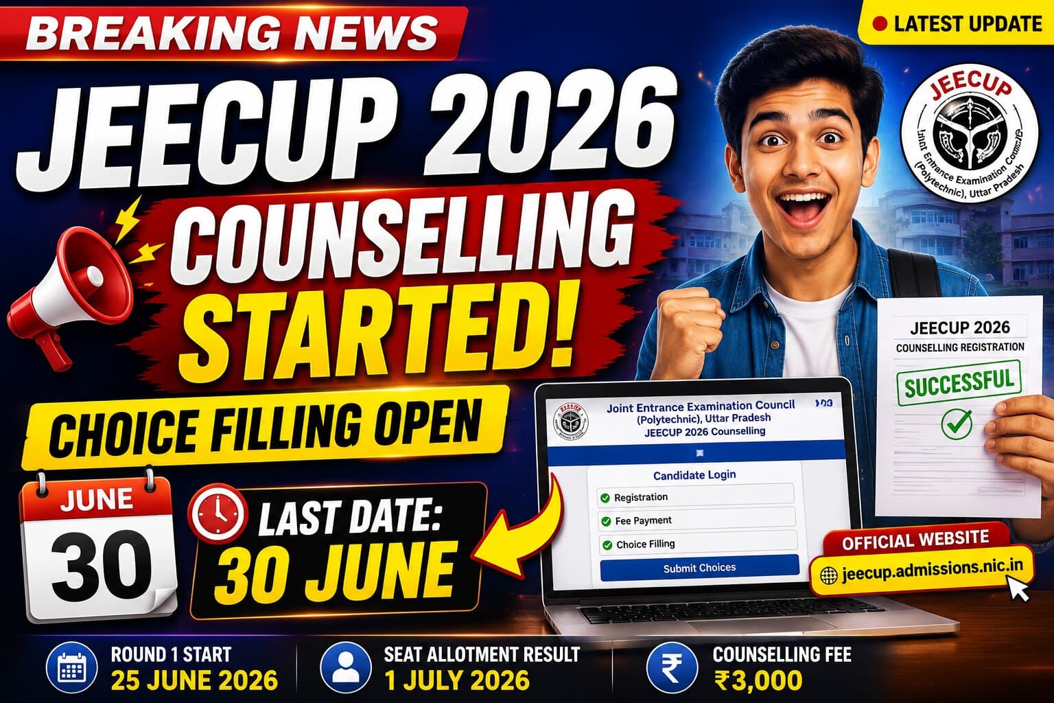 JEECUP 2026 Counselling Begins: Complete Round 1 Choice Filling by June 30