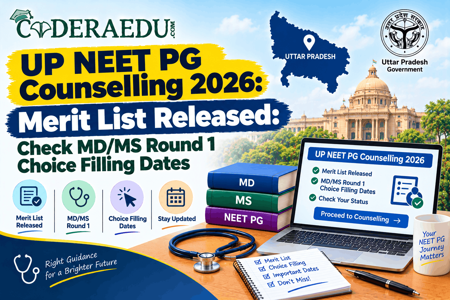 UP NEET PG Counselling 2026 merit list and MD MS Round 1 choice filling dates