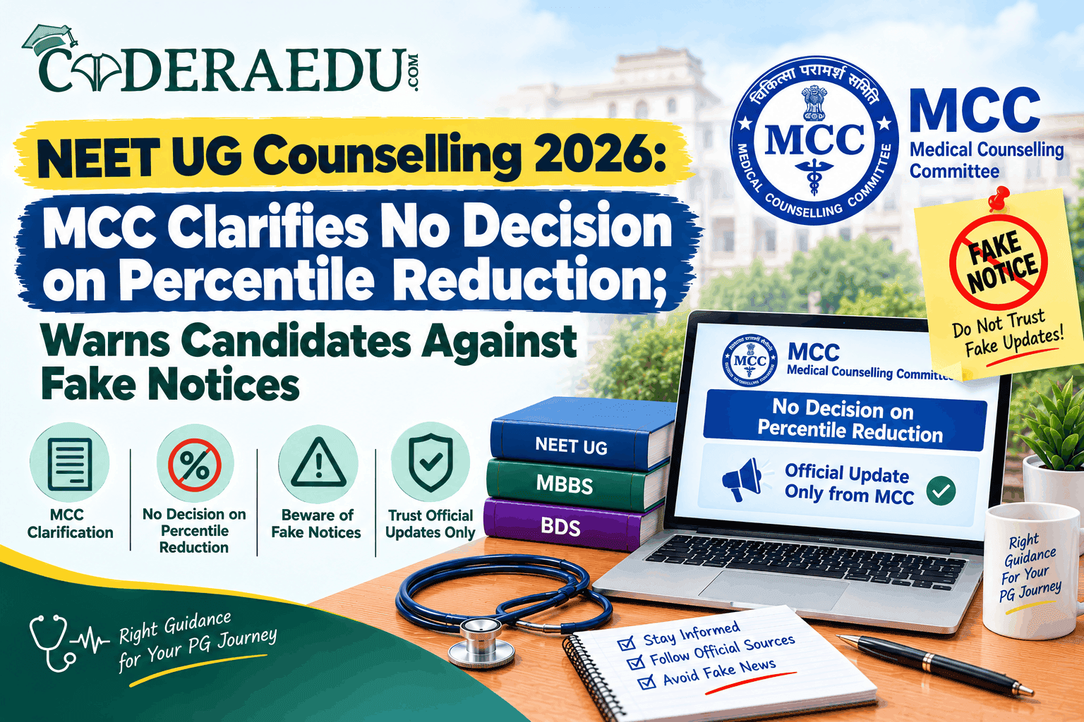 NEET UG Counselling 2026: MCC Clarifies No Decision on Percentile Reduction; Warns Candidates Against Fake Notices