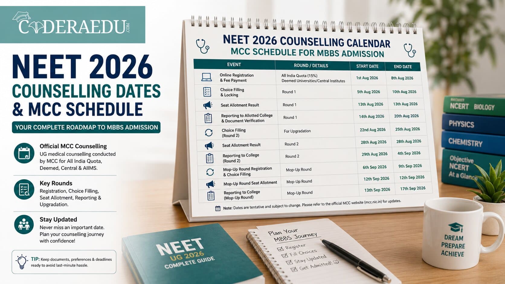 Calendar showing NEET 2026 counselling dates and MCC schedule for MBBS admission