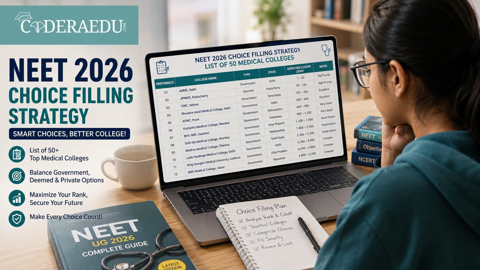 Student reviewing NEET 2026 choice filling strategy list of 50 medical colleges on laptop
