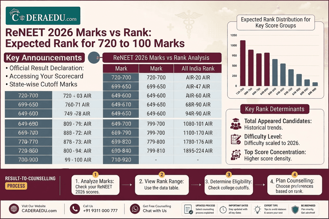 Re-NEET 2026 marks vs rank chart showing expected AIR from 720 to 100 marks