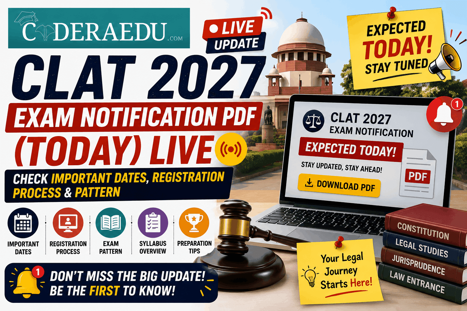 CLAT 2027 Exam Notification PDF (Today) Live: Check Important Dates, Registration Process & Pattern