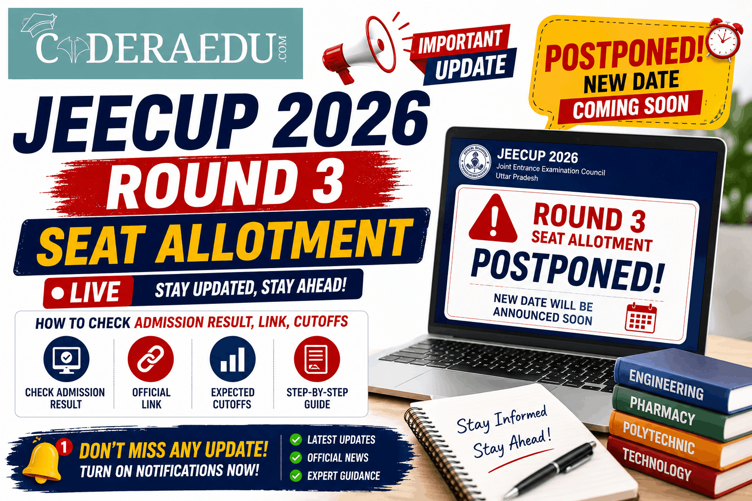JEECUP 2026 Round 3 Seat Allotment (Postponed) LIVE: How to Check Admission Result, Link, Cutoffs